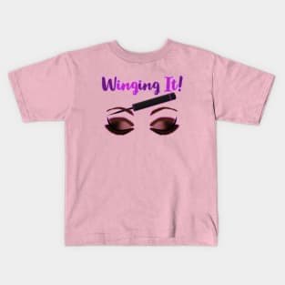 Winging It! Winged Liquid Eyeliner Makeup Pun (Pink Background) Kids T-Shirt